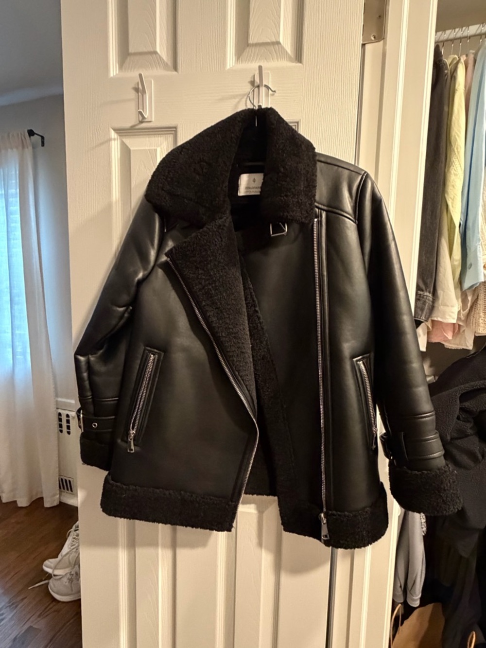 stradivarius Black Faux Leather Sherpa Jacket